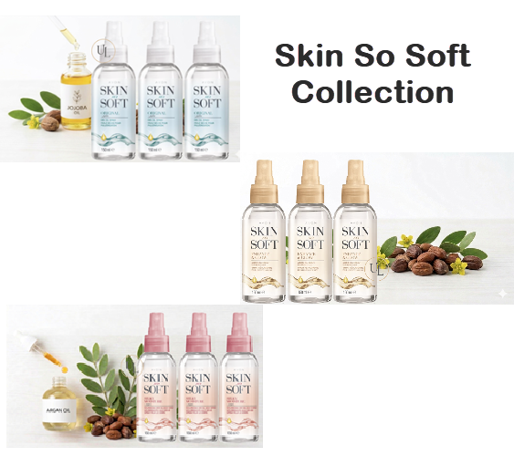 Bottles of Skin So Soft Original Bath Oil and Body Lotion on a neutral background