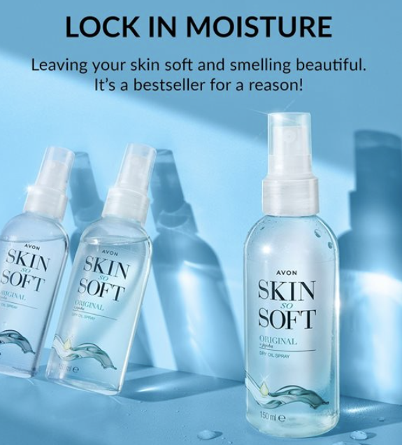 Avon Skin So Soft bottles on a blue background with promotional text.