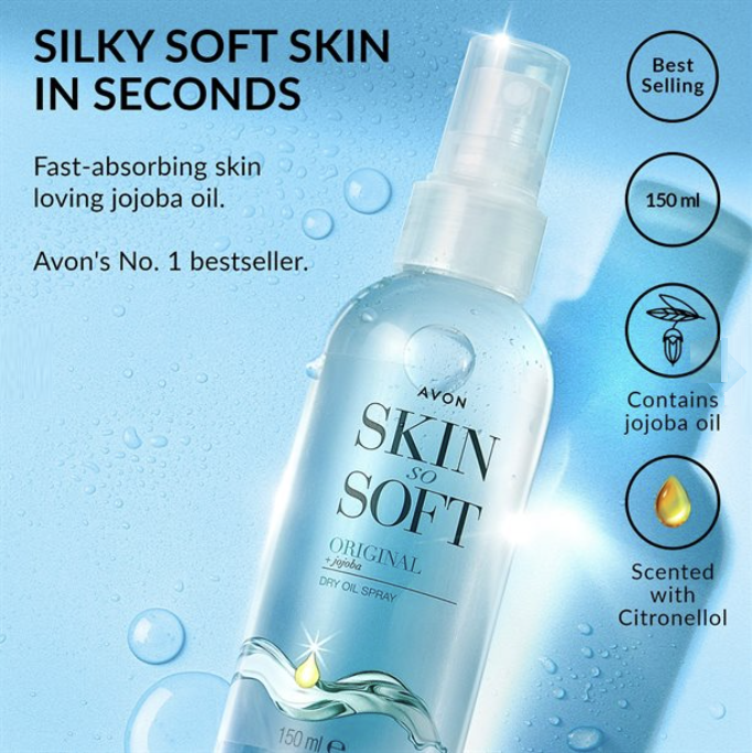 Avon Skin So Soft dry oil spray bottle with product features on a blue background