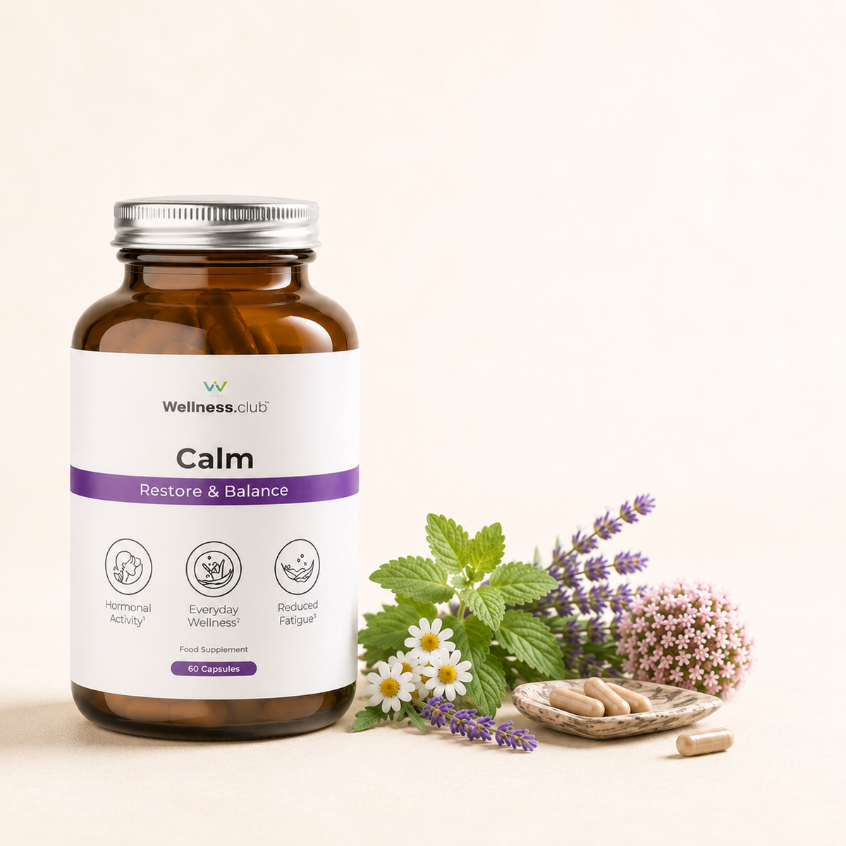 Wellness.club Calm Relaxation & Wellbeing Supplement, 60 capsules, with chamomile, lemon balm, magnesium and L-theanine